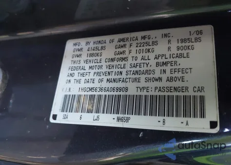 2006 Honda Accord 2.4 Se from USA, damaged, VIN 1HGCM56366A069909